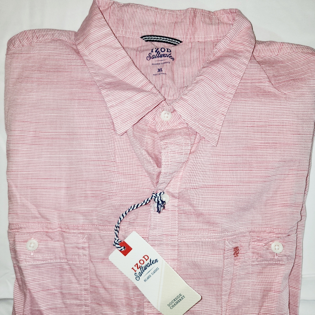 Izod Saltwater Mens Pink Button Down Short Sleeve Size Xl